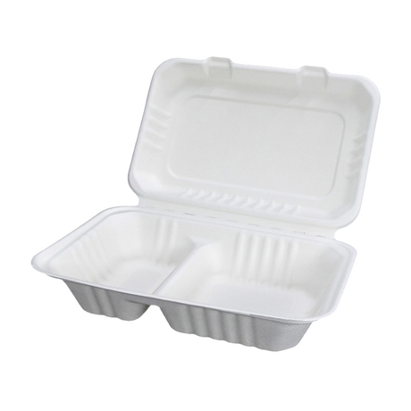 Biodegradable Eco-Friendly Takeaway Food Containers Sugarcane Bagasse 2  Compartment Clamshell-Box