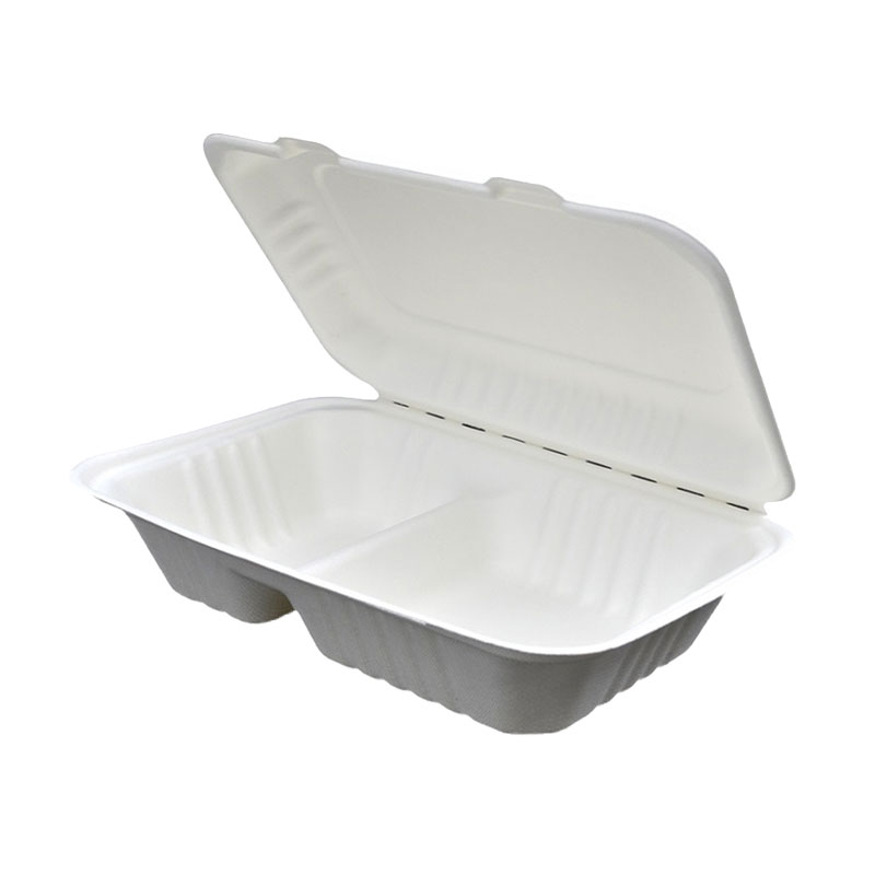 Biodegradable Eco-Friendly Takeaway Food Containers Sugarcane Bagasse 2  Compartment Clamshell-Box